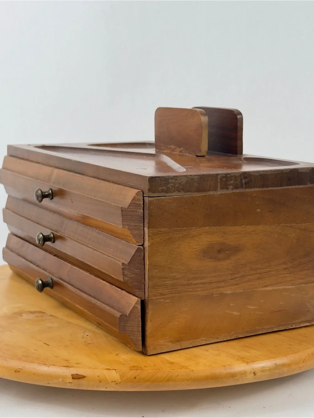 Mid Century Walnut Wood Desk Organizer Jewelry Desk Valet Box w Drawers Catchall